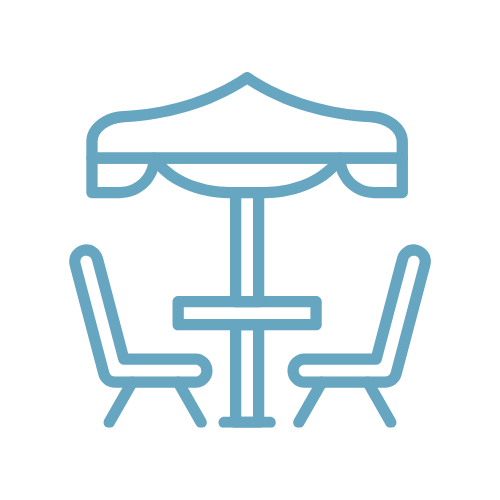 Outline drawing of a patio table with an umbrella and two chairs.
