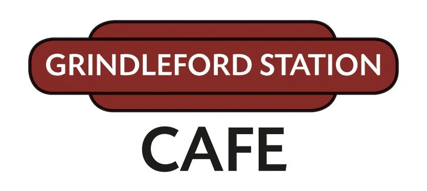 Sign for Grindelford Station Cafe with red background and white text.