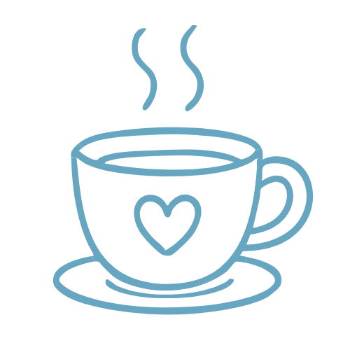 Line drawing of a steaming coffee cup with a heart symbol on it, on a saucer.