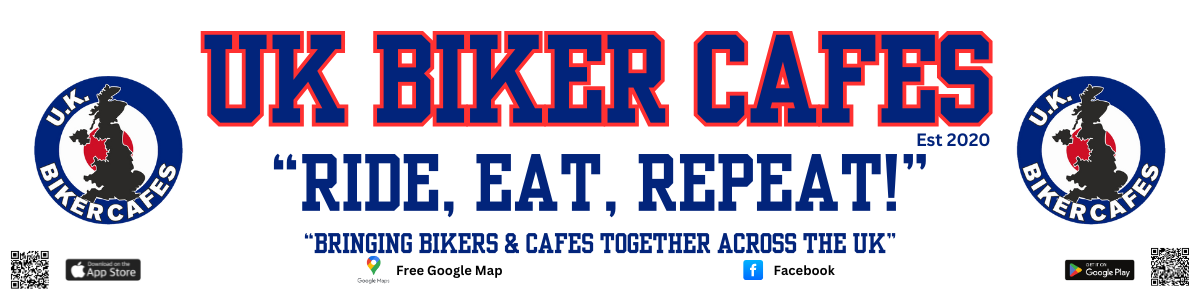 Banner for UK Biker Cafes with text "Ride, Eat, Repeat!" and logos on either side depicting a silhouette of a rider on a motorcycle inside a circle, along with icons for app download, Google Maps, Facebook, and Google Play.