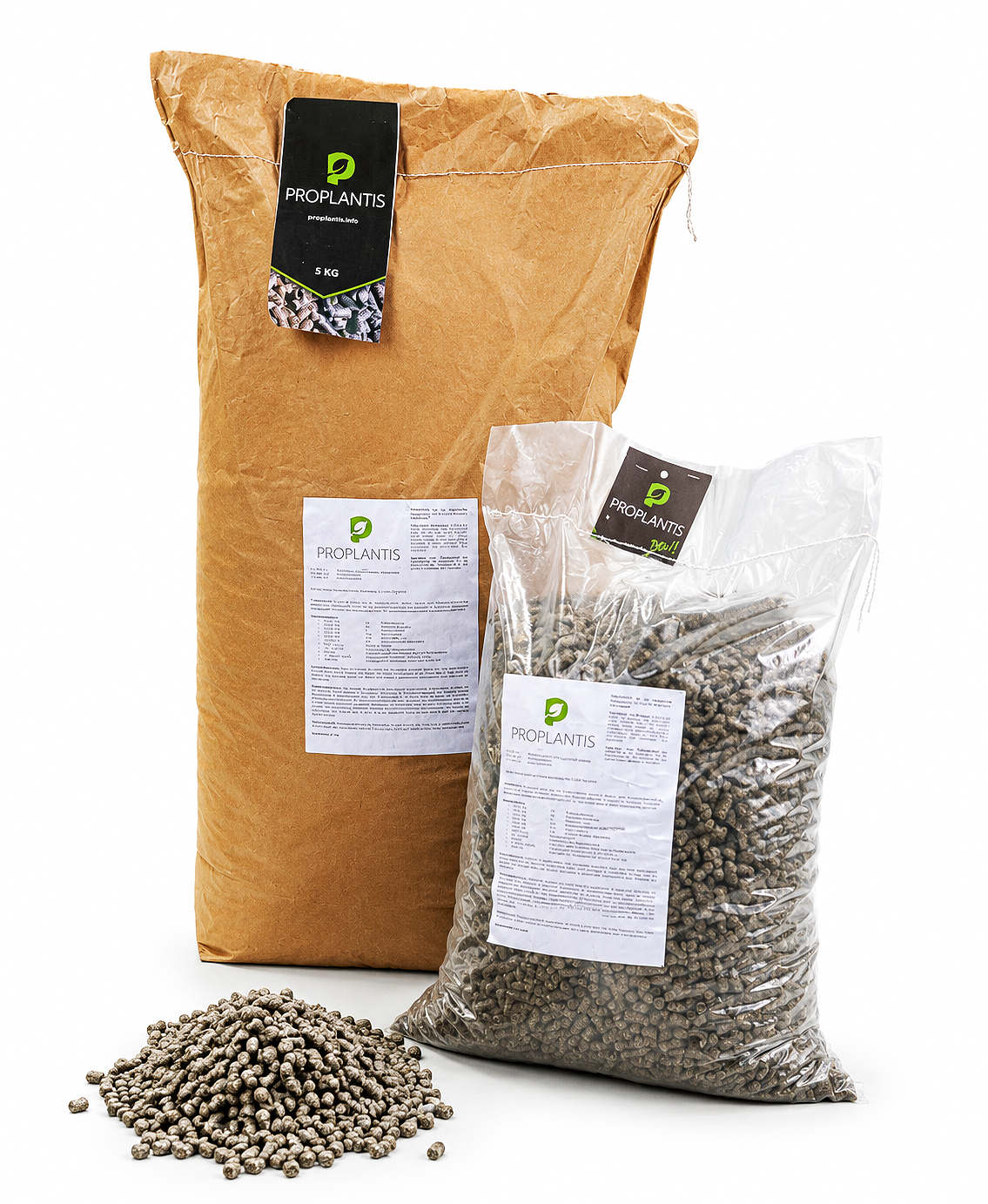 Large brown paper bag and a clear plastic bag filled with small pellets, labeled 'ProPlantis,' with some pellets spilled in front of the bags.