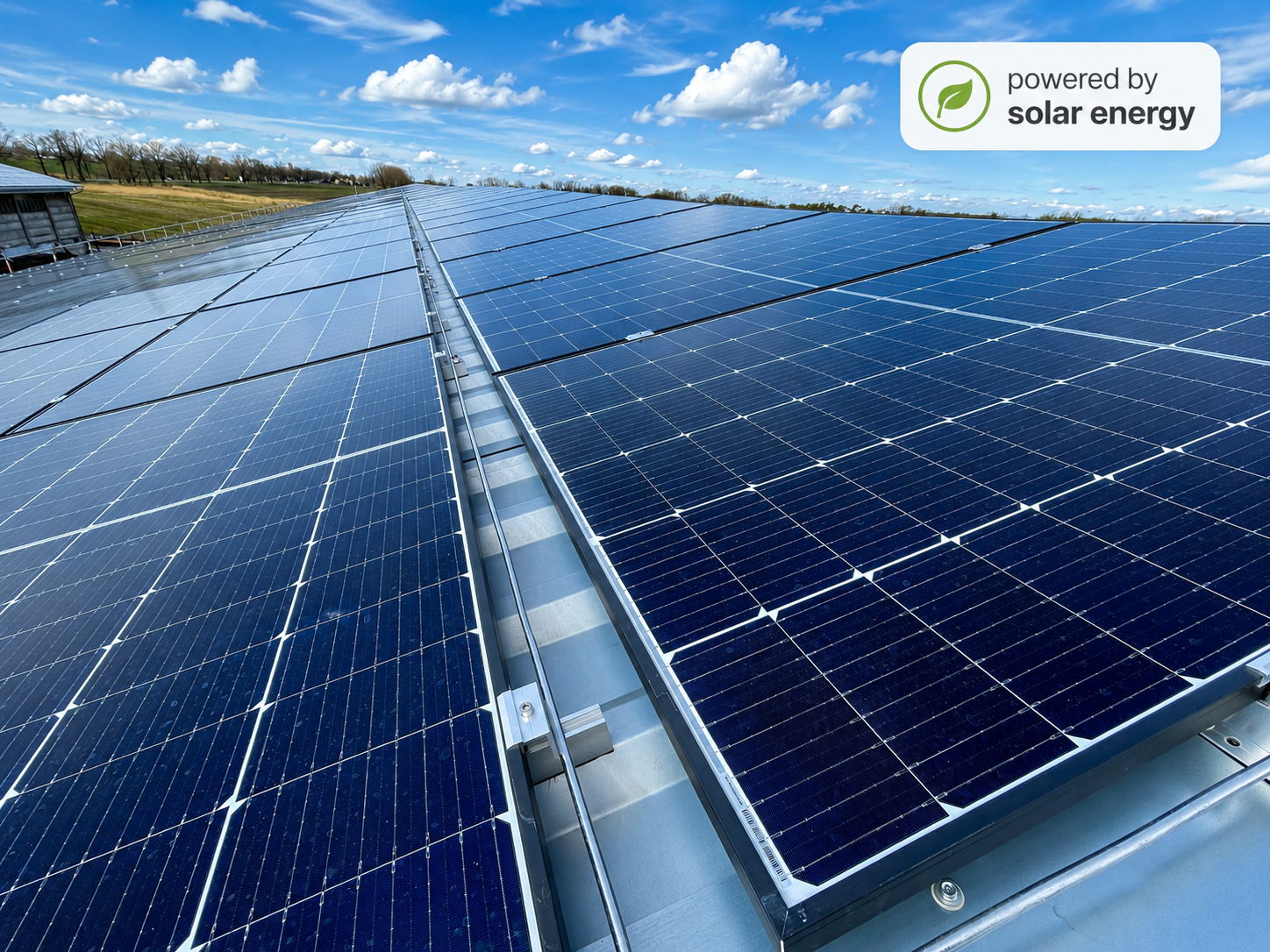A large array of solar panels on a rooftop with a blue sky and scattered clouds, with a label indicating it is powered by solar energy.