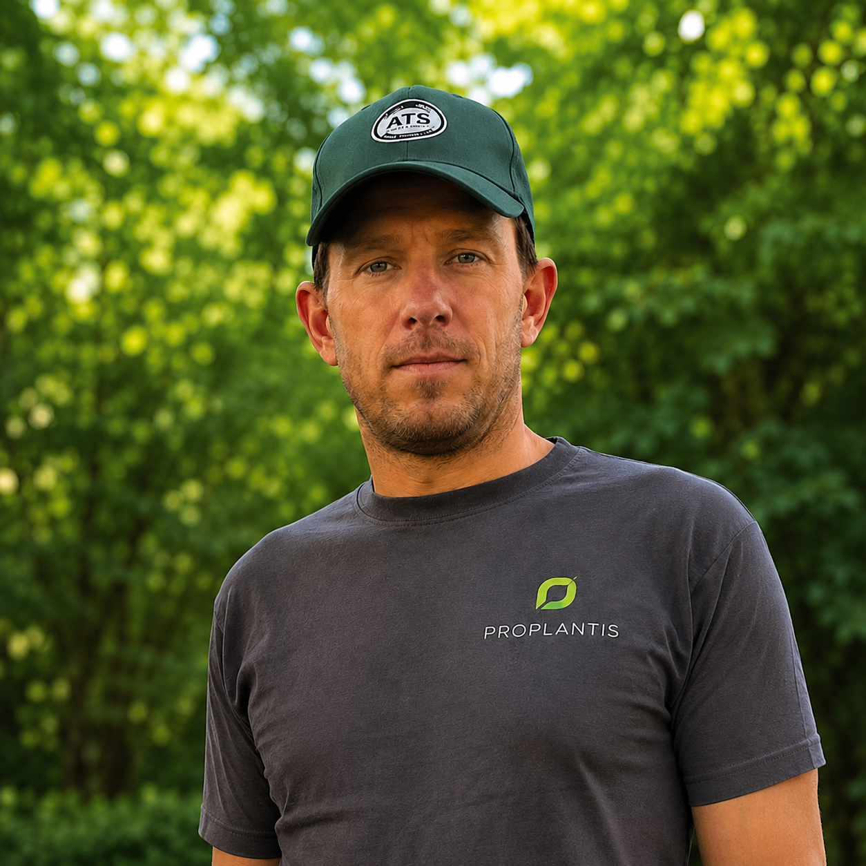 Man wearing a green cap with an ATS logo, black ProPlantis t-shirt, outdoors with green trees in the background.