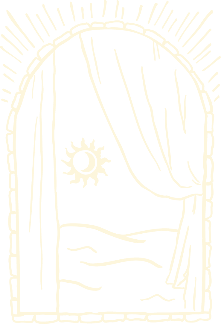 The treatment room - a shining light through an arched window with curtains, showing a moon and stars outside, surrounded by rays of light.