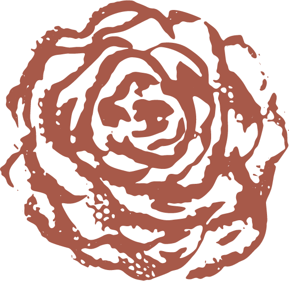 Stylized drawing of a rose with detailed petals in brown color.