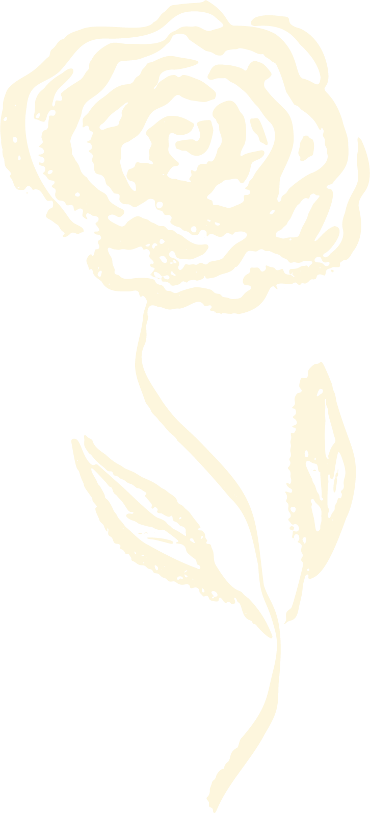 A black and white stylized drawing of a rose with a long stem and two leaves.