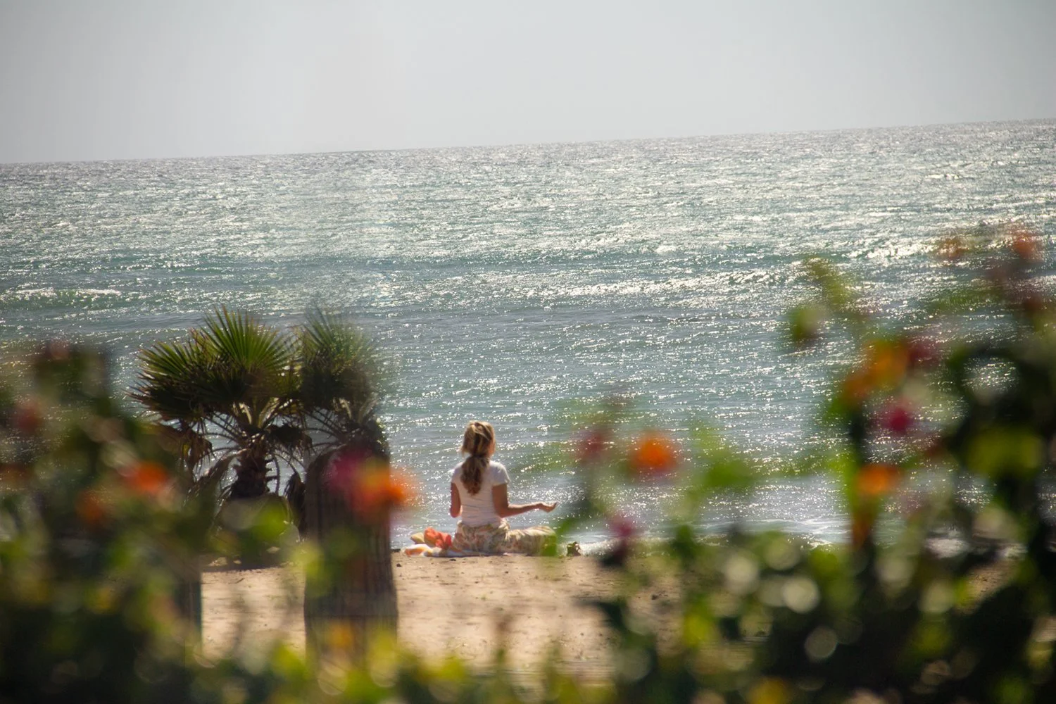 A woman sitting on a beach towel meditating near the shoreline with palm trees and colorful flowers in the foreground.