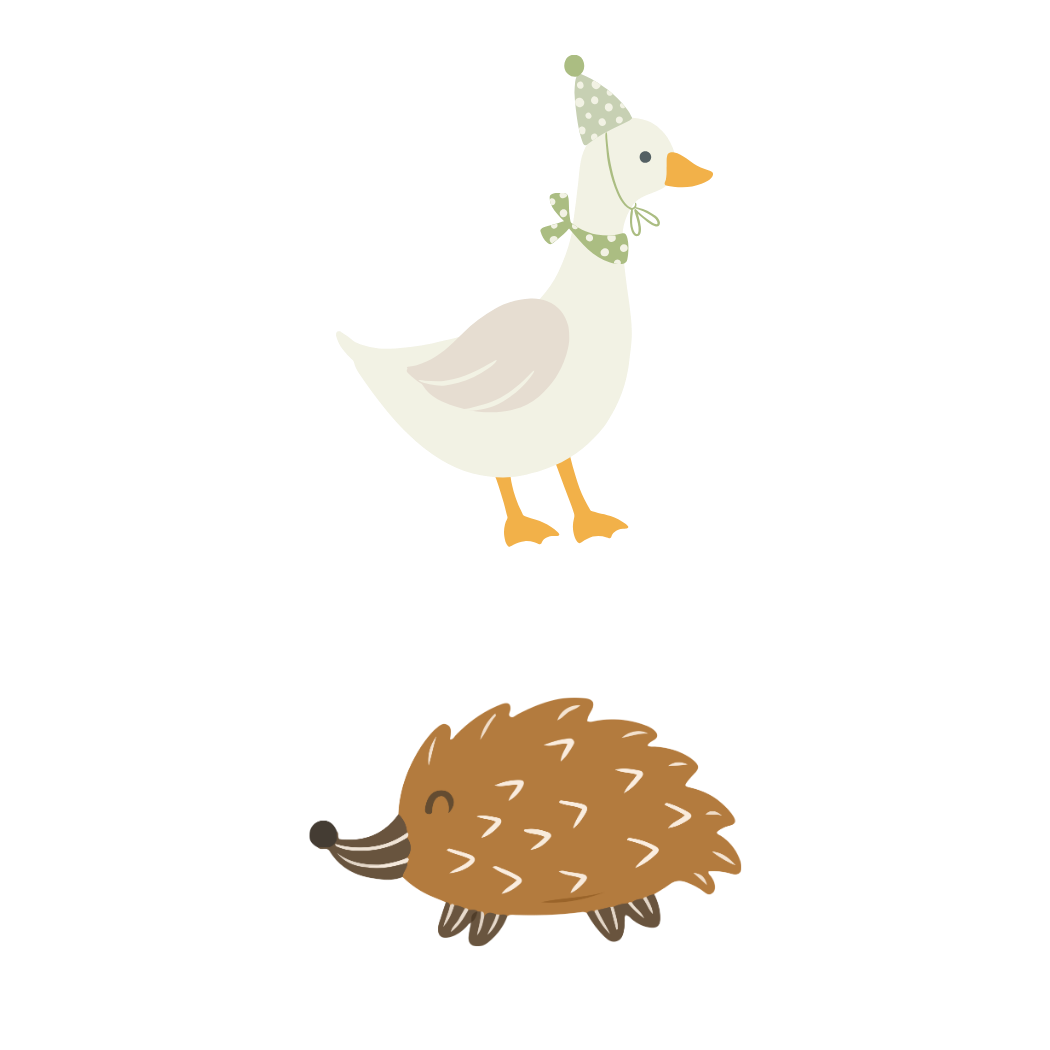 Illustration of a bird, a hedgehog, and a mouse with books in the background.