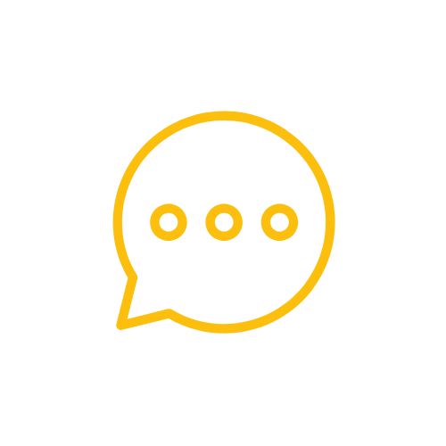 Yellow chat bubble icon with three dots inside on a black background.