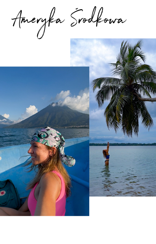 A woman in a pink swimsuit and colorful headscarf smiling on a boat with a volcano and clouds in the background, and a woman standing in water under a palm tree with a cloudy sky.