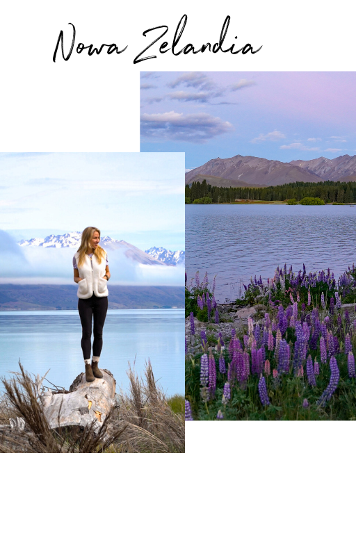 A composite photo of a woman standing on a rock by a calm lake with snow-capped mountains in the background, and a landscape of a lake, flowering plants, and mountains under a partly cloudy sky.