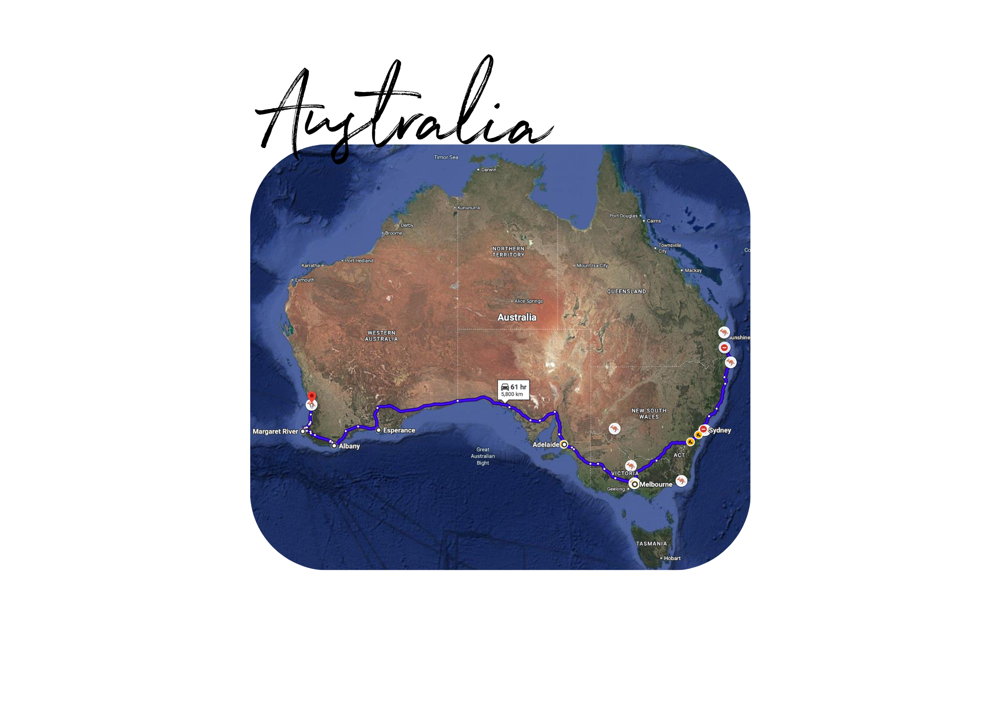 Map of Australia displaying a road trip route along the southern coast from Melbourne to Perth, passing through Adelaide, Albany, Esperance, and other cities, with estimated travel time of 61 hours.