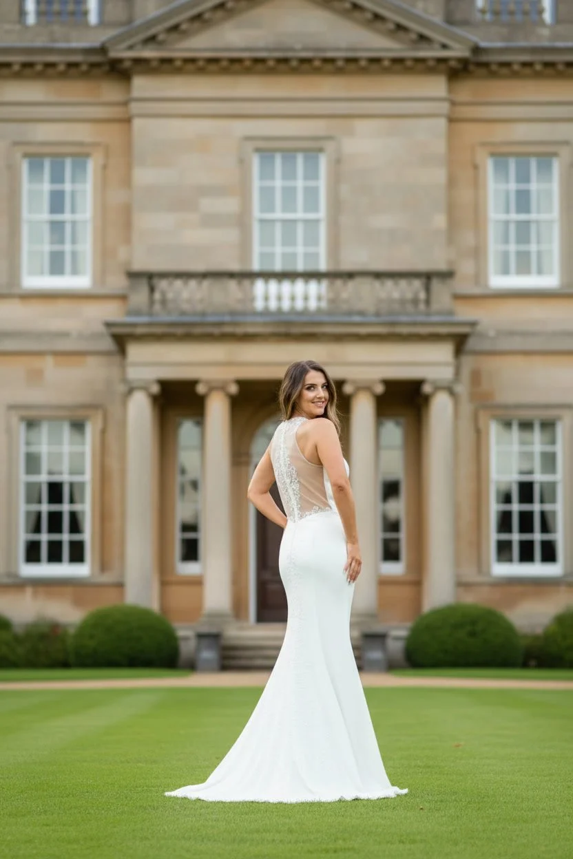 A woman in a white wedding dress standing on a lawn in front of a large, elegant house.