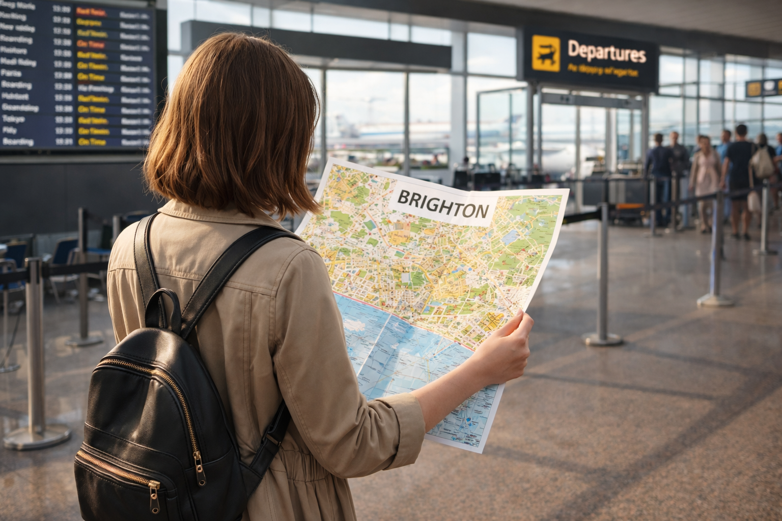 Traveler with a backpack holding a Brighton city map in a modern airport terminal near the departures gate.