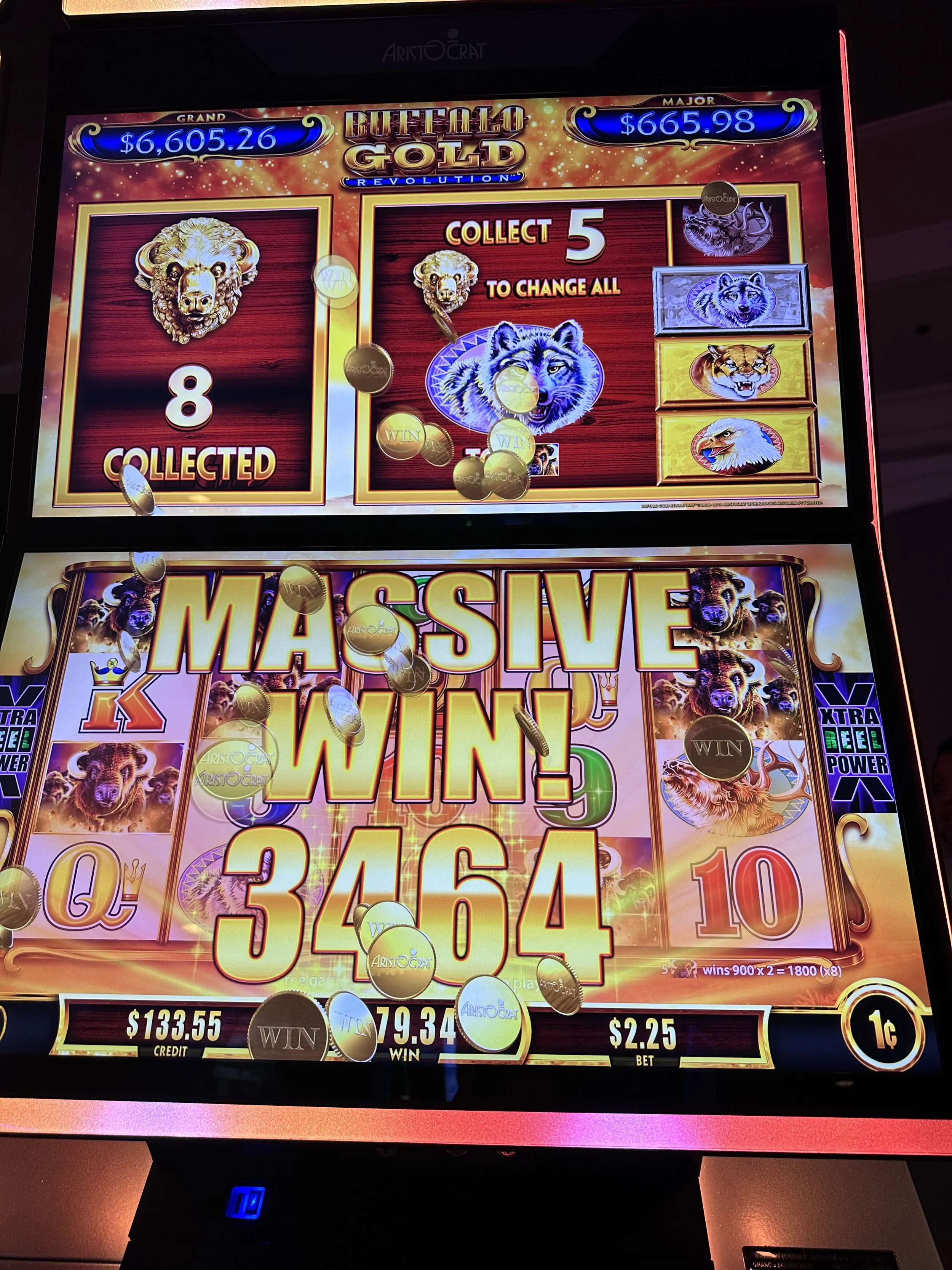 Buffalo slot machine screen at a Las Vegas casino displaying a Massive Win notification with falling gold coins.