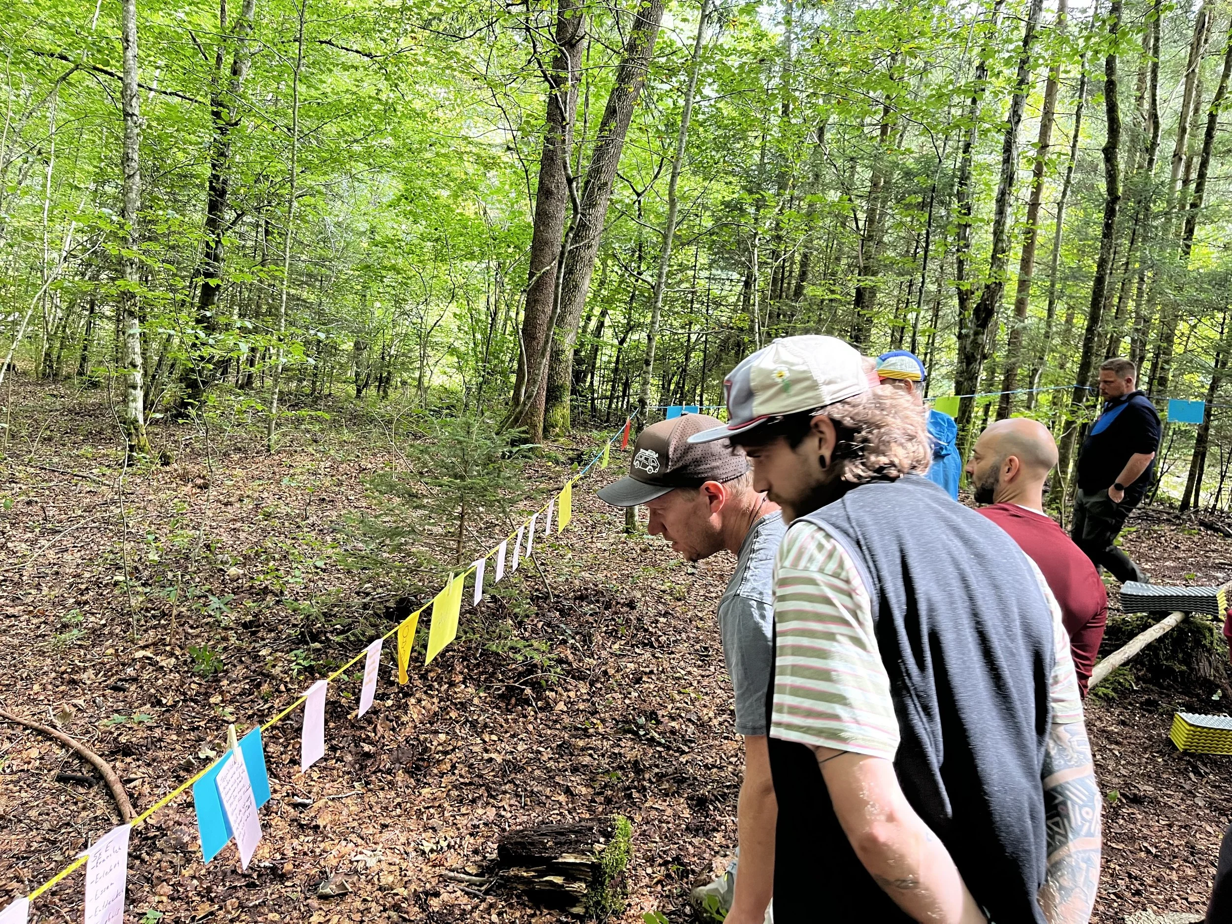 A group of people standing in a forested area, looking at something on the ground, near a yellow and purple marker tape with papers attached.