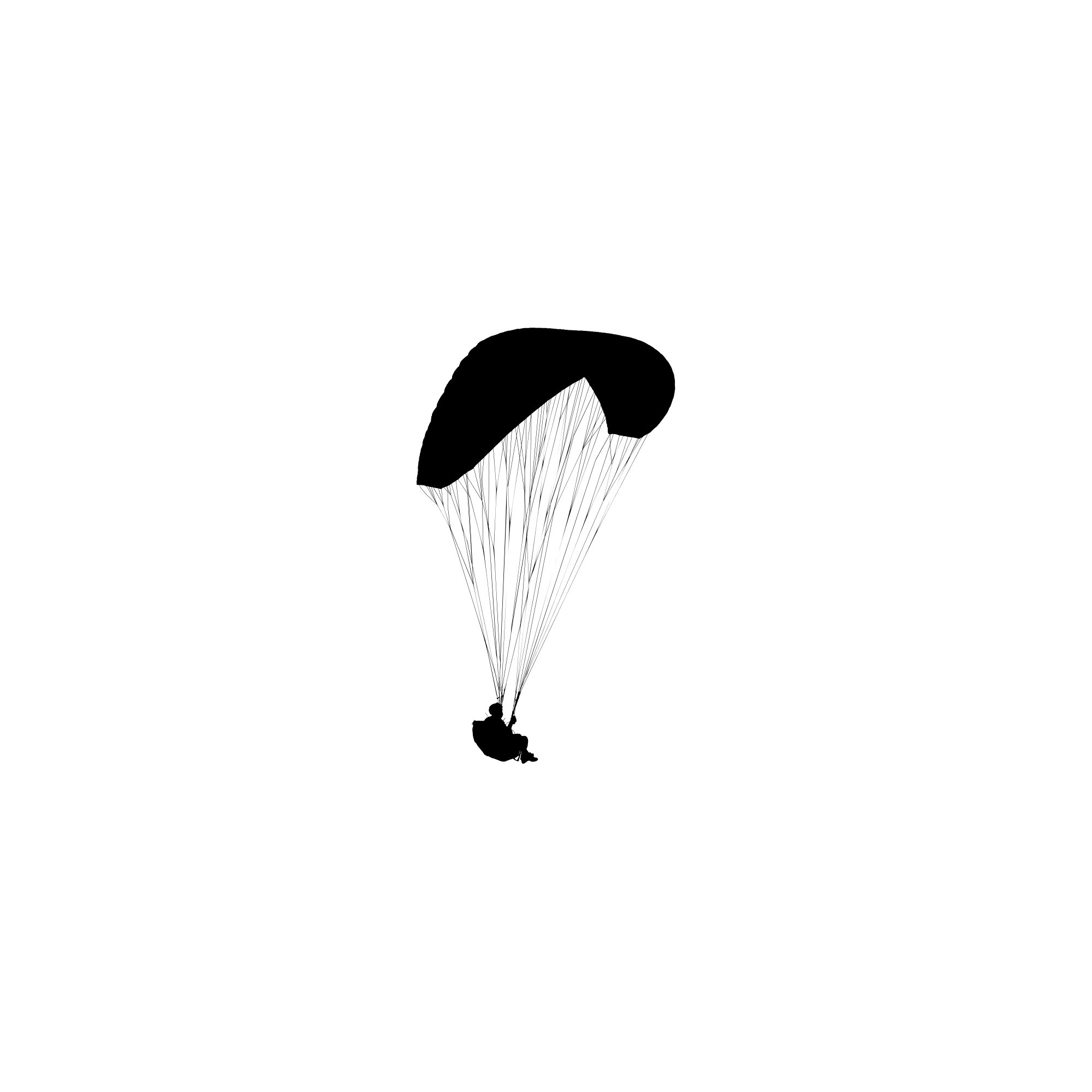 Silhouette of a person sitting under a parachute, holding onto the parachute strings, against a clear sky.