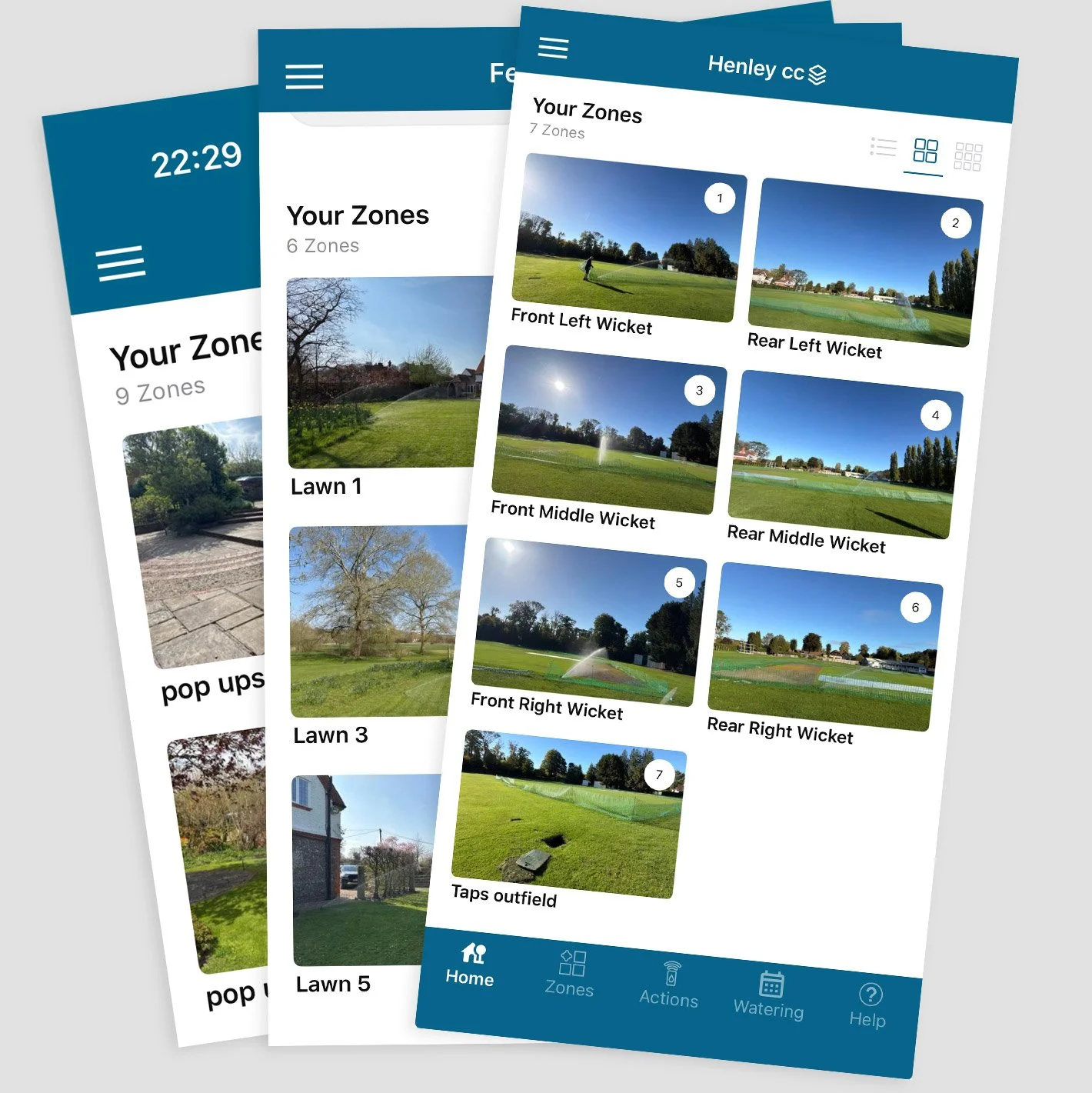 Screenshots of a lawn irrigation app showing different zones with images of various lawn areas like front, rear, and middle wicket, each zone labeled and numbered, with a navigation menu at the bottom.