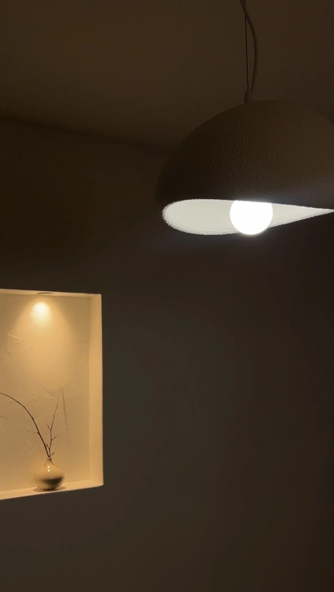 A modern ceiling light fixture with a round white shade and exposed bulb, and a small recessed wall light illuminating a corner with a decorative branch in a vase.