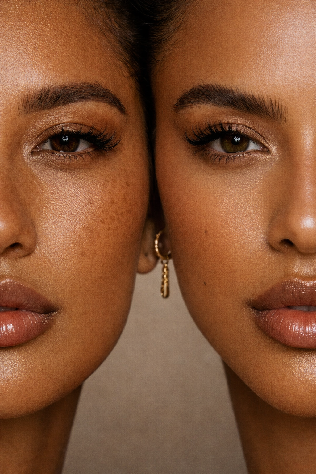 Close-up of two women with tan skin, brown eyes, natural makeup, and gold earrings, positioned close together with their faces touching.