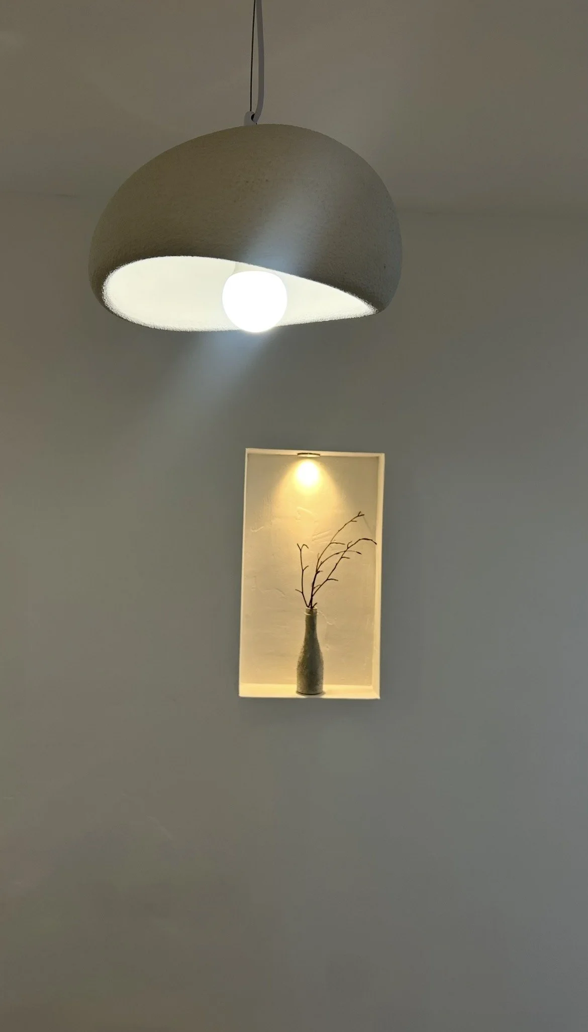 Pendant light fixture mounted on ceiling, with a recessed shelf below containing a vase with branches.