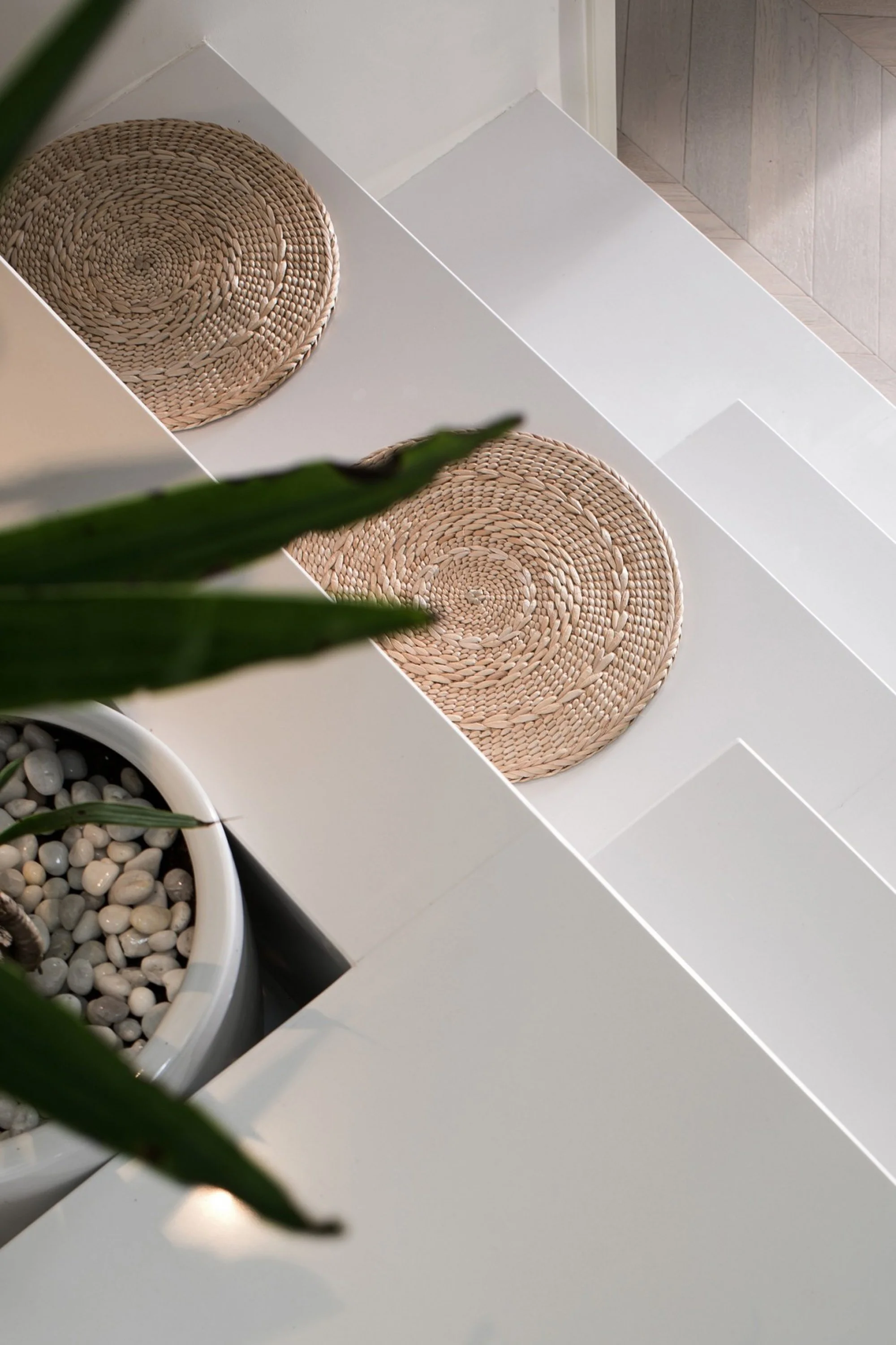 Close-up of a white surface with round woven placemats, a green plant with white stones in a pot, and a tiled floor in the background.