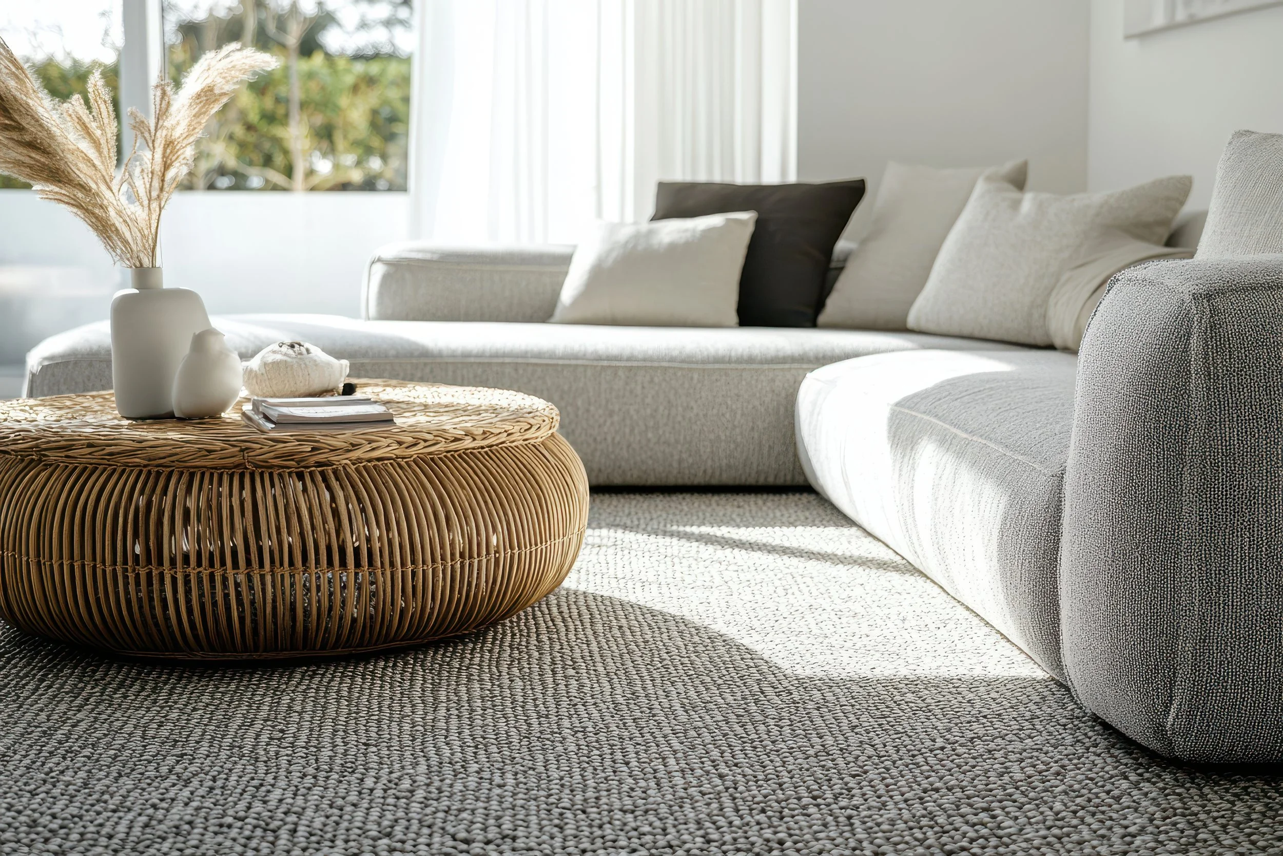 A living room with a white sofa, decorative pillows, a woven rattan coffee table, a white vase with dried grasses, and a patterned rug, with sunlight coming through large windows.