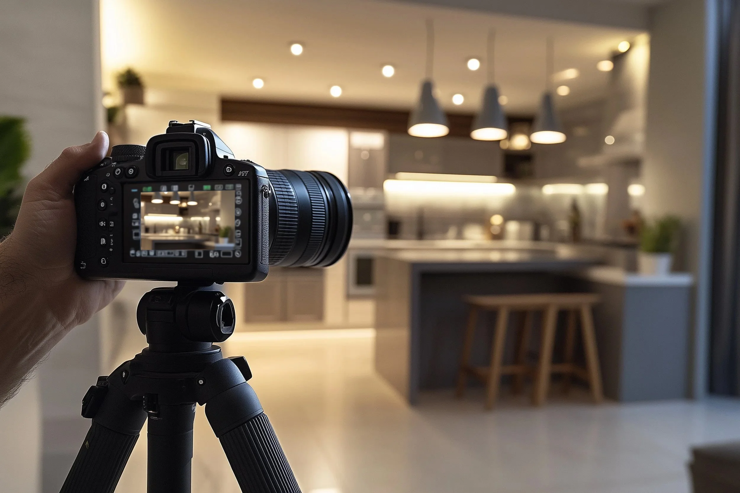 A person holding a camera mounted on a tripod, pointed towards a modern, well-lit kitchen with pendant lights hanging from the ceiling and wooden furniture.