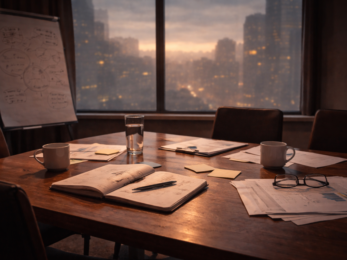 An office meeting room with a wooden table, papers, notebooks, pens, cups, a glass of water, and glasses on the table. There is a large window with a cityscape view of tall buildings at sunset. A whiteboard with diagrams is visible on the left side.