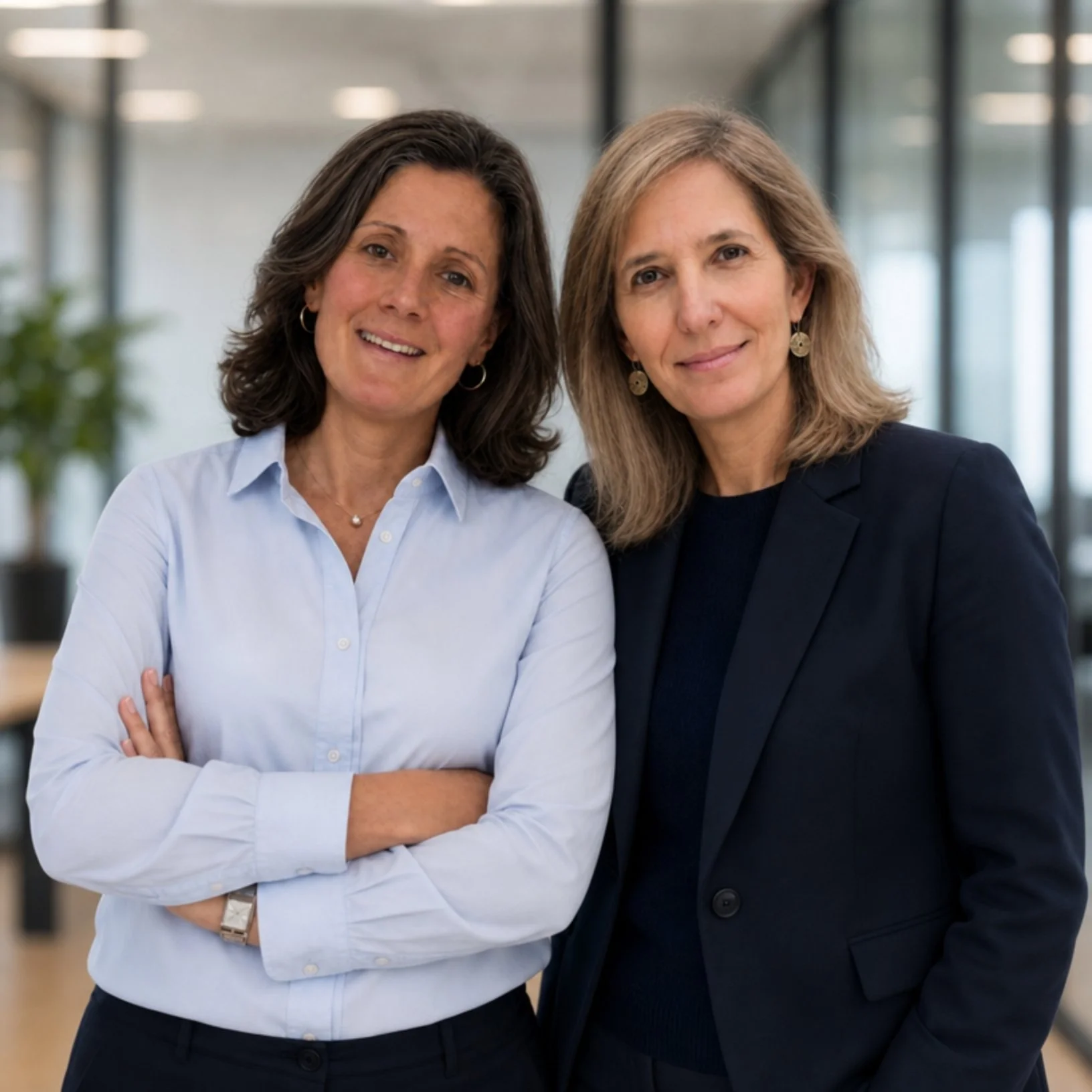 Two women standing close together in an office space, smiling at the camera. One has dark hair and is wearing a light blue shirt, the other has light hair and is wearing a dark blazer.
