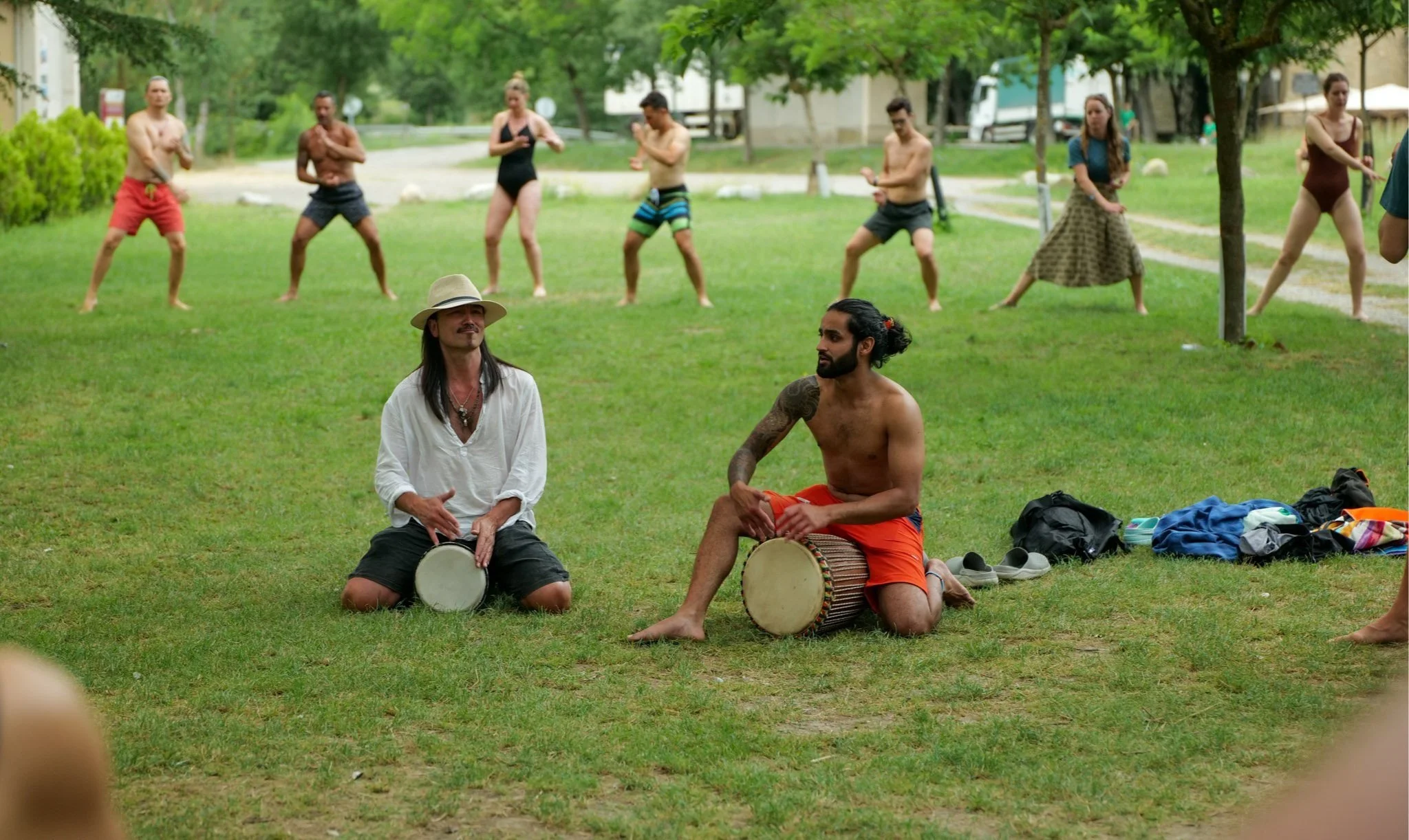 Sanjay guiding with djembe during a Wim Hof Summer Expedition