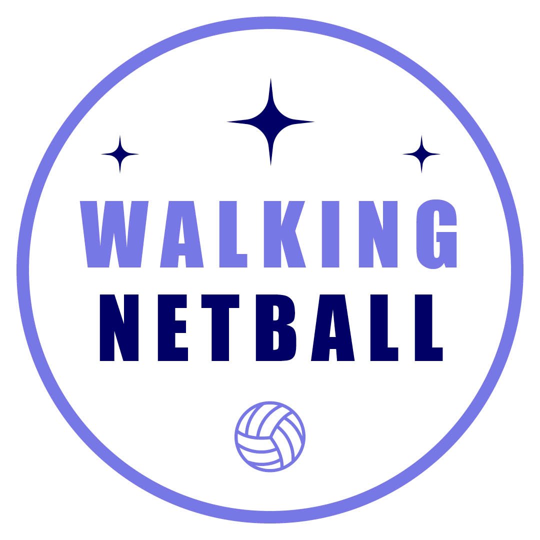 Circular logo with the words "Walking Netball" in large blue and purple letters, a small volleyball graphic at the bottom, and three stars above.