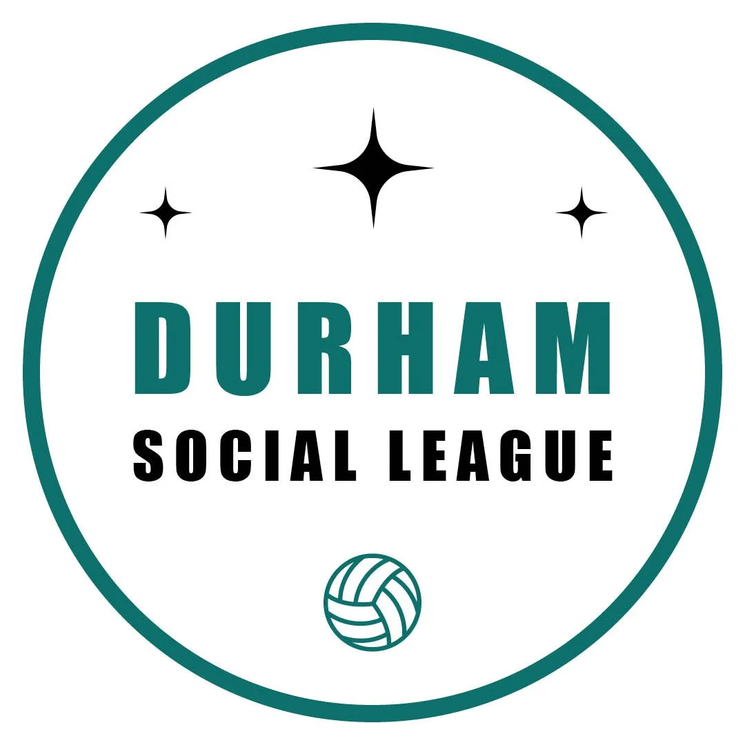 Logo for Durham Social League with a volleyball at the bottom and stars above the text, encased in a circle.