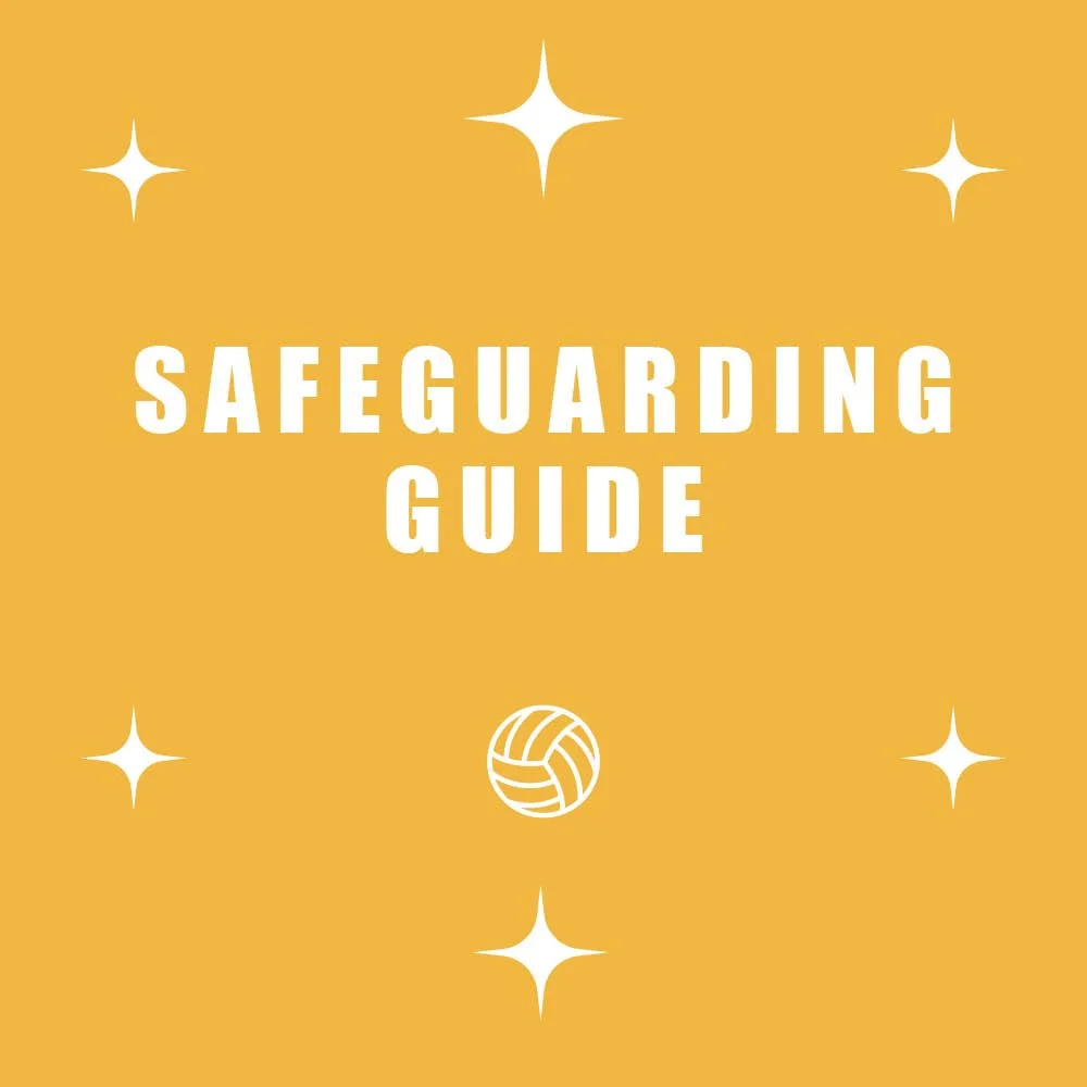 A yellow-orange cover with white stars, featuring the text 'Safeguarding Guide' and a volleyball icon in the center.