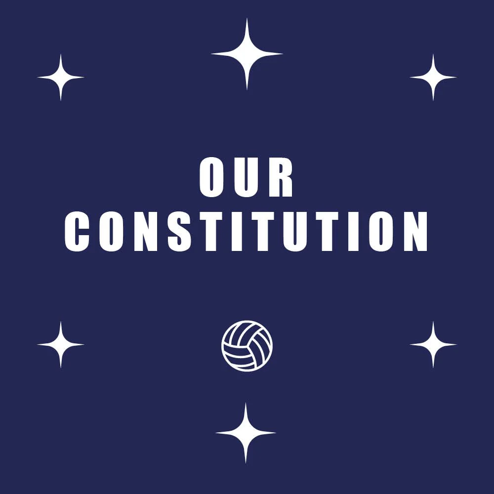 Graphic with dark blue background, white stars, and white text reading 'Our Constitution' with a volleyball icon below.