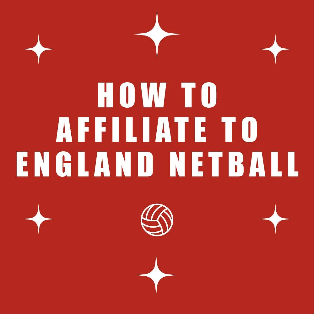 Red background with white stars and text that reads 'How to Affiliate to England Netball' with a volleyball icon below the text.