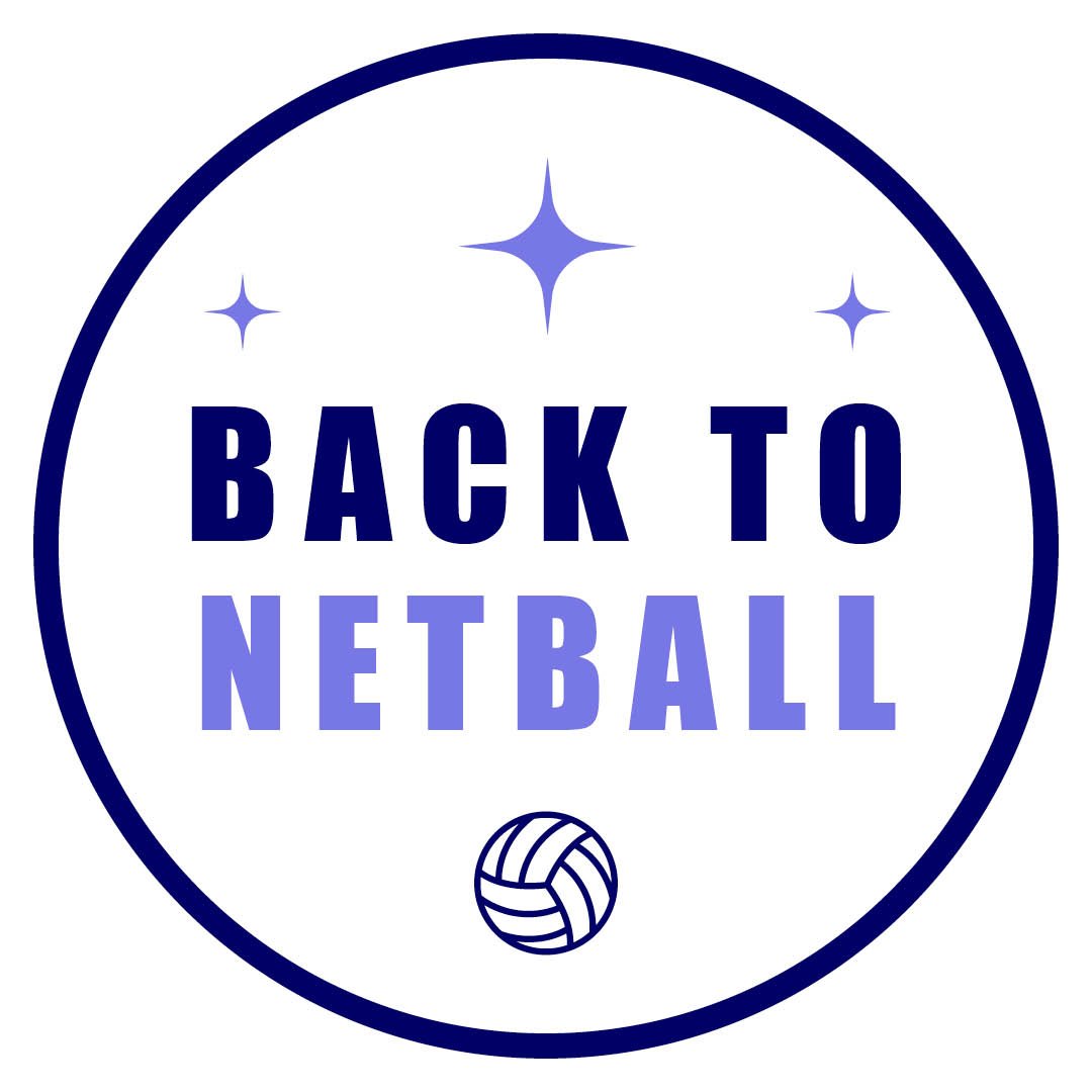 Retro-style circular badge with blue outline that reads 'Back to Netball' and features a volleyball at the bottom and three stars at the top.