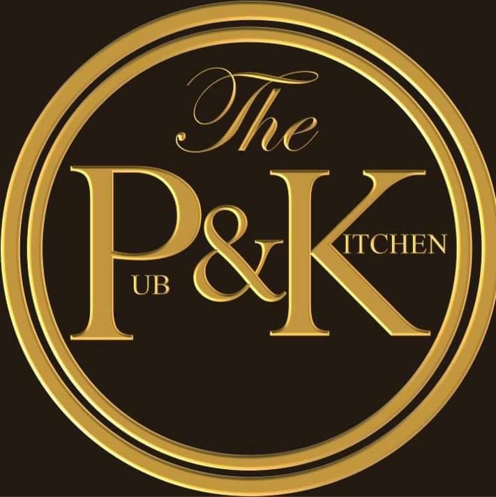 Logo with gold lettering on black background reading "The P&K Kitchen" in a circular design.