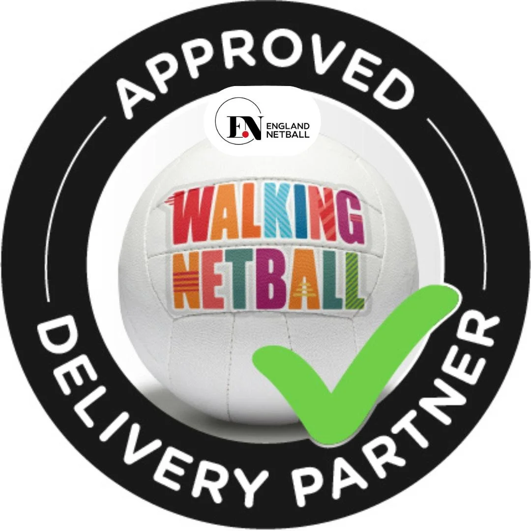 Approved Walking Netball delivery partner badge featuring a netball with colorful text and a green checkmark.