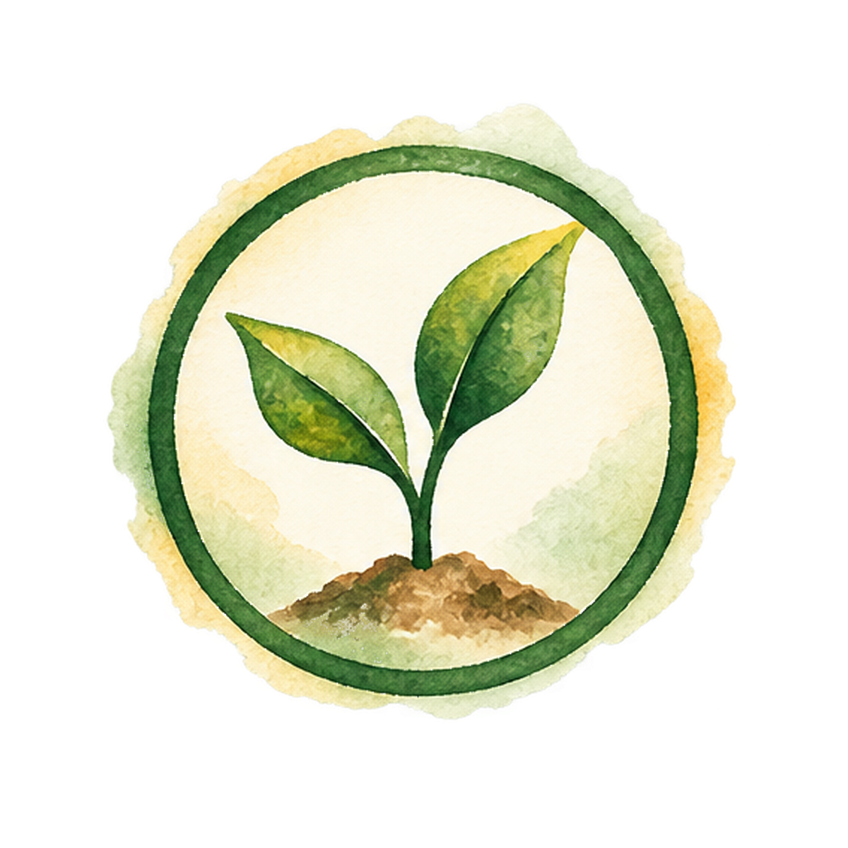 A watercolor-style eco-friendly logo featuring a sprouting plant with two green leaves emerging from brown soil, surrounded by a green circular border.