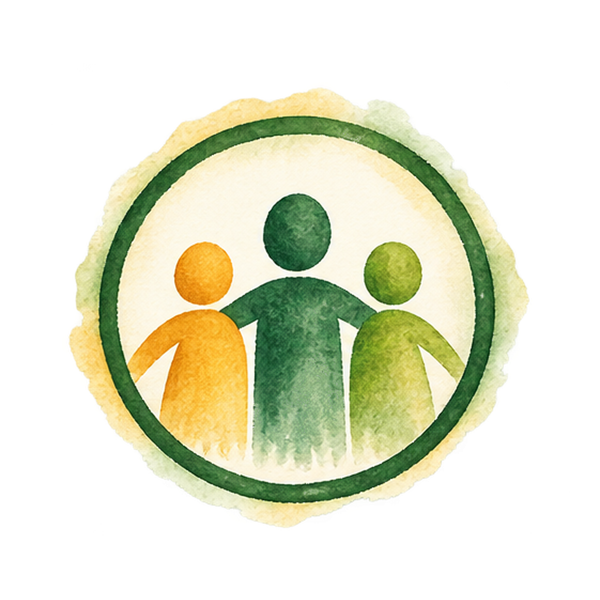 Watercolor illustration of three stylized human figures holding hands inside a green circle.