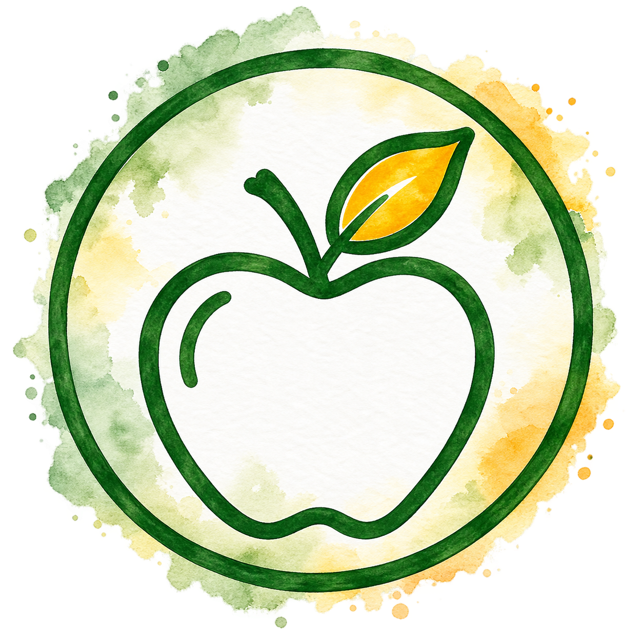 A green outline of an apple with a leaf, inside a green circle with a watercolor background in shades of green, yellow, and orange.