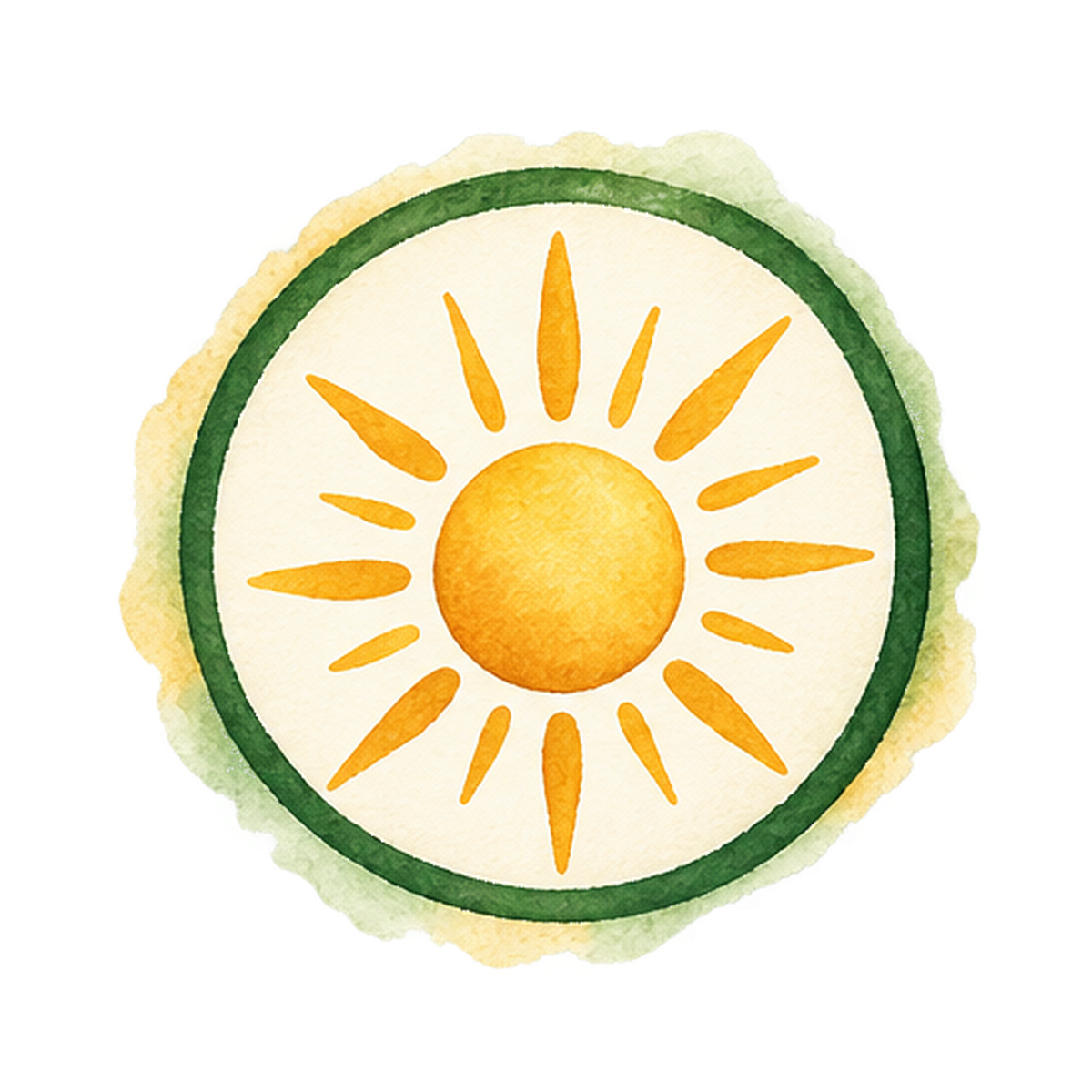 Watercolor illustration of a lime slice with an orange sun design in the center, surrounded by a green rind.