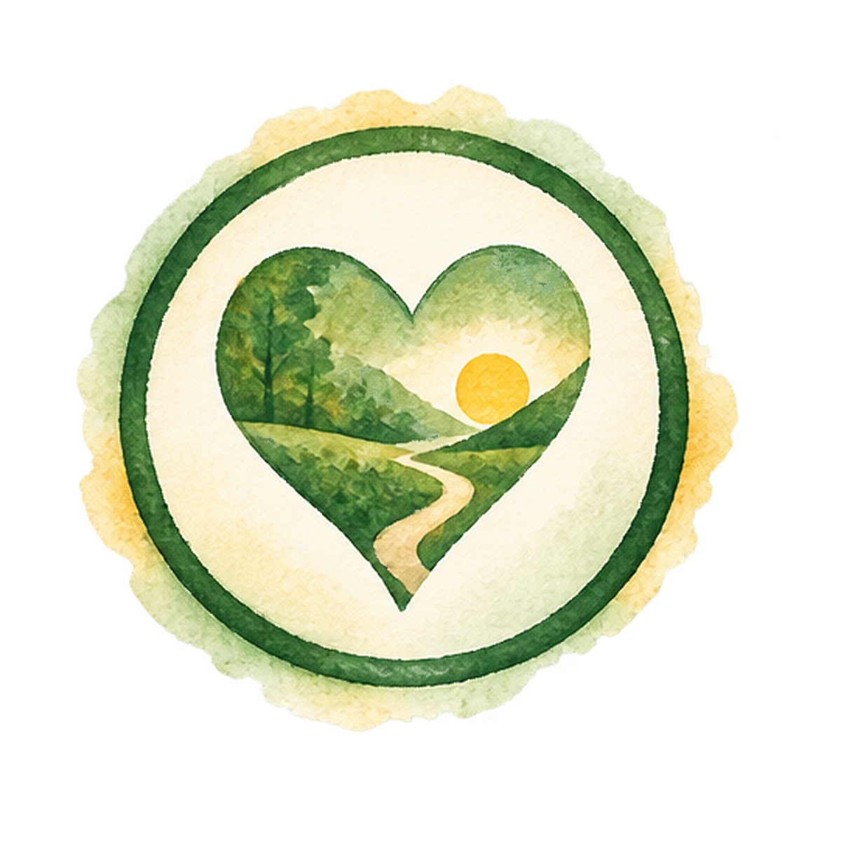 Watercolor badge with a green heart containing a landscape of trees, a river, and a setting sun.