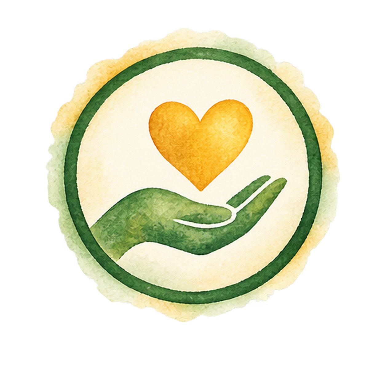 Watercolor illustration of a green hand holding a yellow heart, with a green circle and ruffled edges, symbolizing care and compassion.
