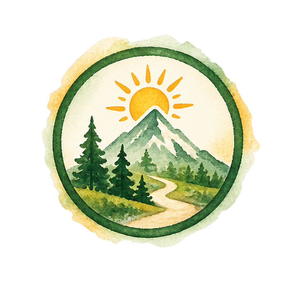 Watercolor illustration of a mountain landscape with pine trees, a winding path, a snow-capped peak, and a rising sun.