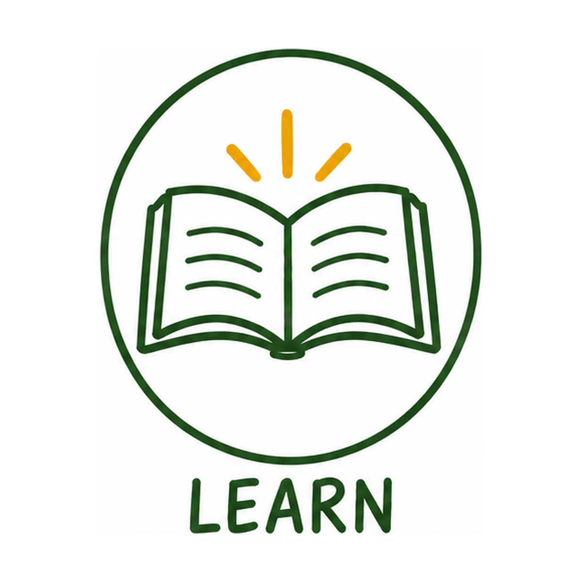 A simple line drawing of an open book with rays of light or enthusiasm behind it, enclosed in a circle. The word 'LEARN' is written below.