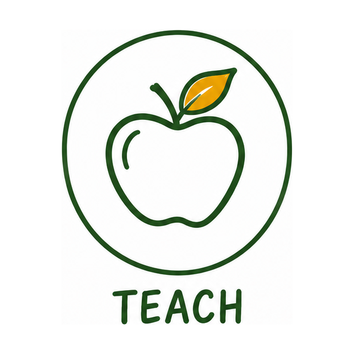 Line drawing of an apple with a leaf inside a circle, with the word 'TEACH' below.
