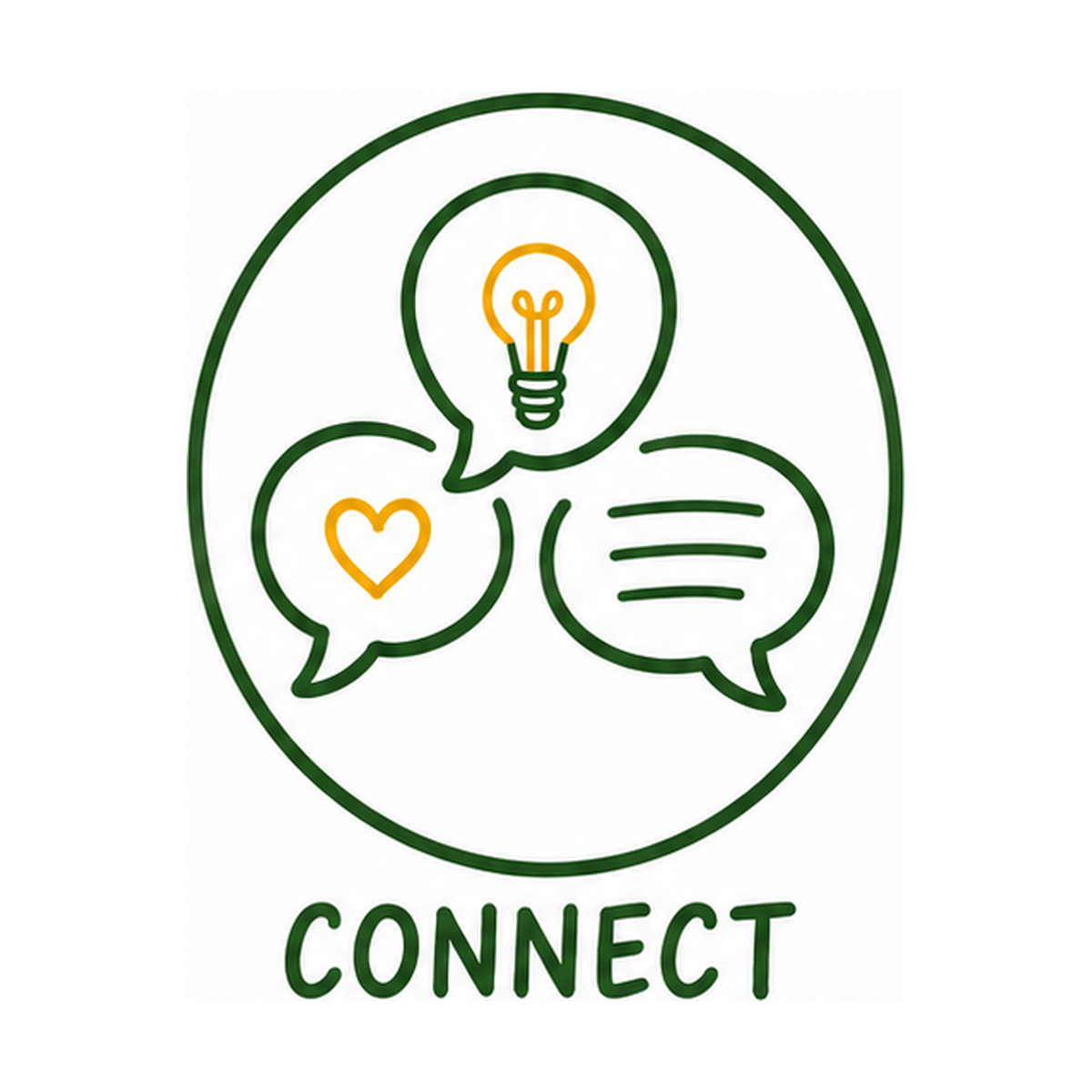 Neon outline of three speech bubbles with a heart, lightbulb, and text lines, and the word 'CONNECT' below.