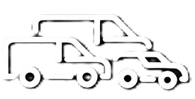 Line drawing of three vehicles: a van, a pickup truck, and a sedan, all in white on a black background.